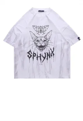 Cat print t-shirt Sphynx tee retro Egypt grunge top in white