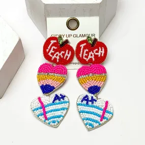Three Tier Heart Beaded Earrings Teacher Themed in Multicolor