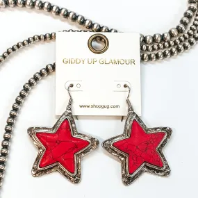 Western Red Star Stone Drop Earrings in Silver